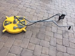 We use the original BE Whirl-A-Way (20 inch in diameter) hydro-scrubber to dig out the dirt and grind hidden in between your pavers without forcing much sand lose. A traditional power washing gun typically blows the sand right out from between the paver joints. hydroscrubber
